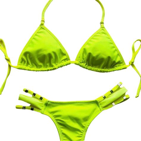 Neon Yellow Bikini Set Brazilian Beachwear Adjustable Tie Etsy