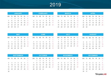 Yearly Calendar 2019 A Printable Calendar