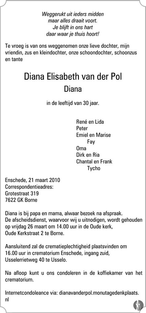 Diana Elisabeth Diana Van Der Pol 21 03 2010 Overlijdensbericht En Condoleances Mensenlinqnl