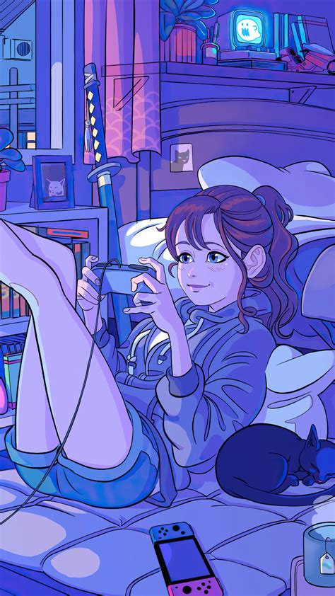 1080x1920 Anime Girl Playing Games In Her Room Iphone 76s6 Plus