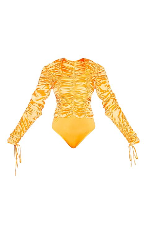 Orange Satin Extreme Plunge Long Sleeve Bodysuit Prettylittlething