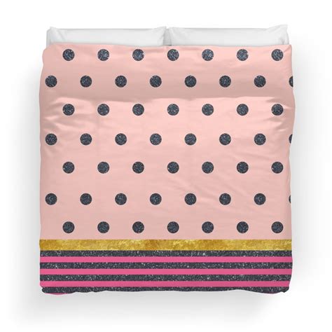Shiny Black Polka Dots And Stripes On Pink Pink Duvet Cover Duvet Covers College Dorm Bedding