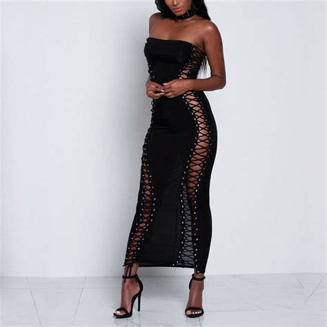 Comfortable Women Fashion Sexy Strapless Bandage Bodycon Dress Party Lace Up Hollow Out Maxi