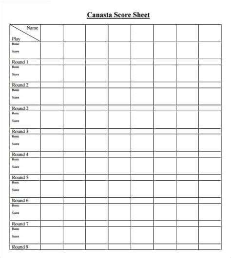 Printable Canasta Score Sheet Template Pdf Word Excel