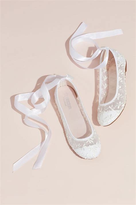 Embroidered Lace Up Floral Illusion Ballet Flats Davids Bridal