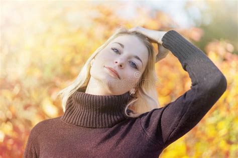 Blond Girl Is Posing In Autumn Park Stock Image Image Of Adult