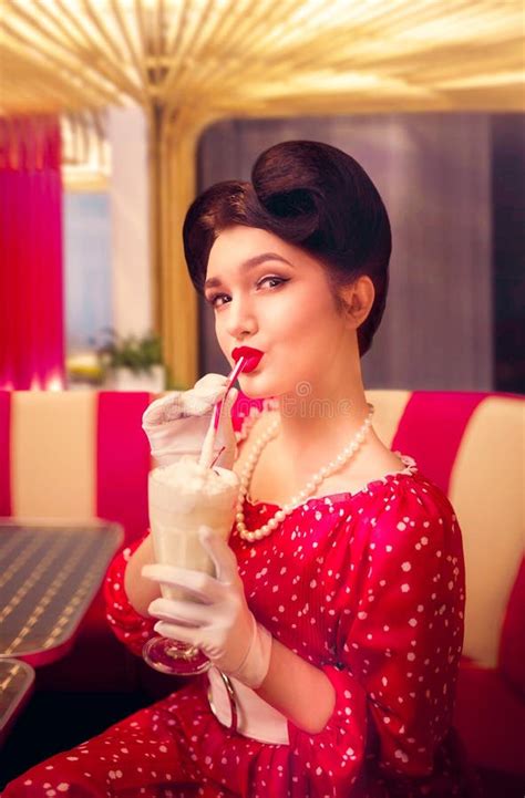 Pin Up Girl Drinks Milkshake Through A Straw Stock Image Image Of