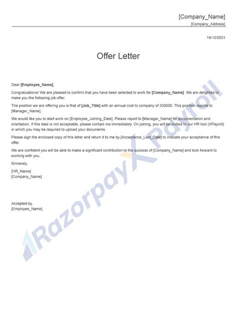 Offer Letter Format With Free Pdf And Word Templates Razorpay Payroll