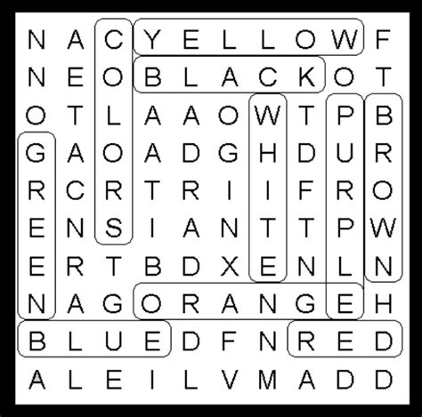 Colors Word Search Puzzle Educational Kids Activity Solution