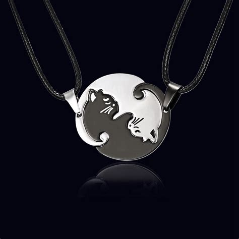 Ying And Yang Cat Necklace Pendant Chain Set Tai Chi Silver Necklace T
