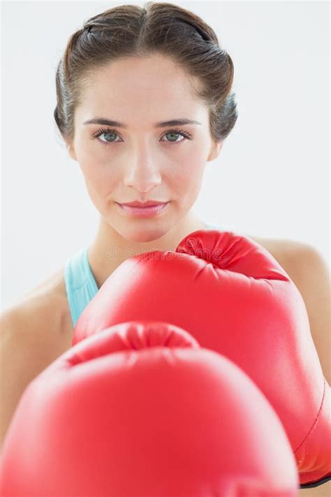 Close Up Of A Beautiful Woman In Red Boxing Gloves Stock Photo Image