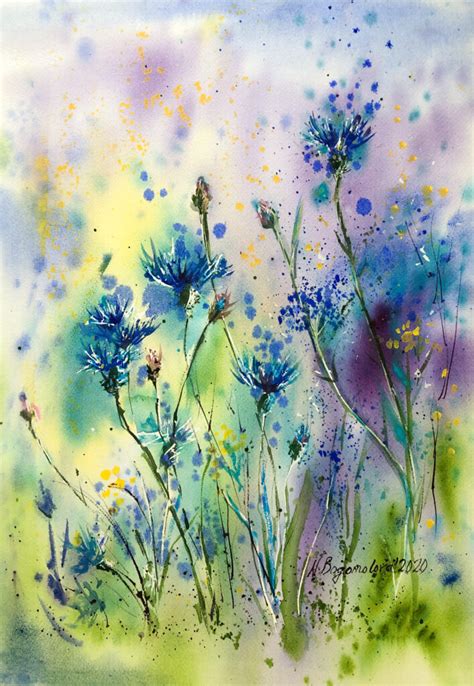 Blue Cornflowers Bloom Floral Painting Nadezhda Bogomolova