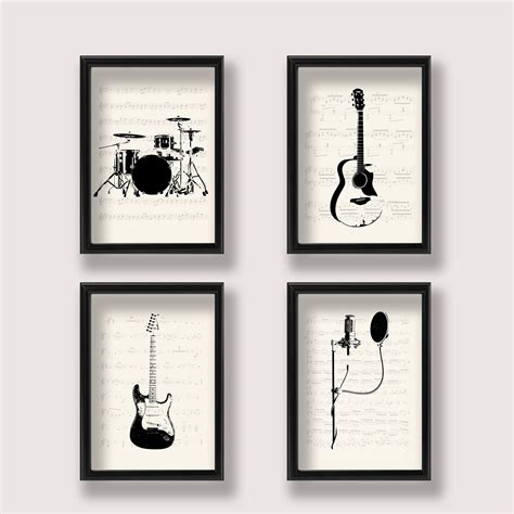 Rock Band Wall Art Set Of 4 With Sheet Music Background Etsy