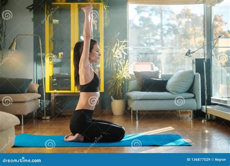 Woman Practicing Yoga At Home Stock Image Image Of Breathing Body 136877529