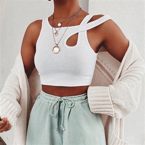 Aesthetic Ribbed Asymmetrical Tank Top Crop Top Cross Shoulder Loungewear Streetwear In 2021