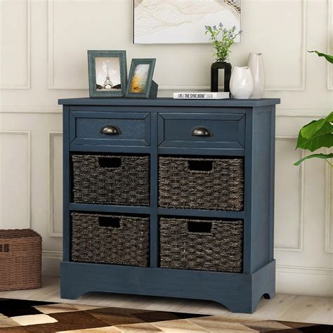 Storage Chest With 2 Drawers And 4 Rattan Baskets Wood Accent Cabinet