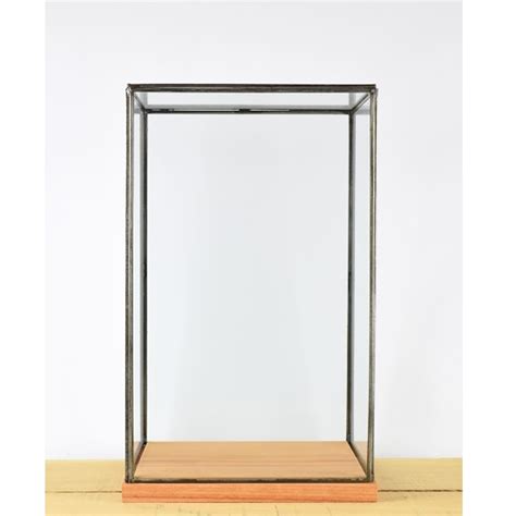 Hand Made Glass And Black Metal Frame Display Showcase Box With Wooden Base 42 Cm