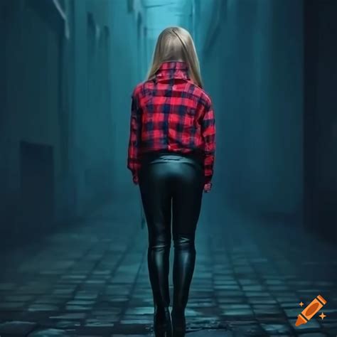 portrait of a stunning blonde woman in red plaid shirt and black leather trousers