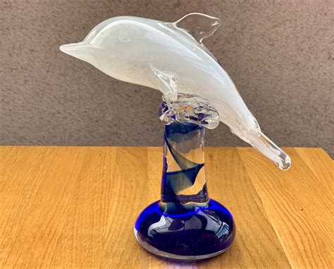Art Glass Dolphin Figurine Vintage Dolphin Statue White Etsy