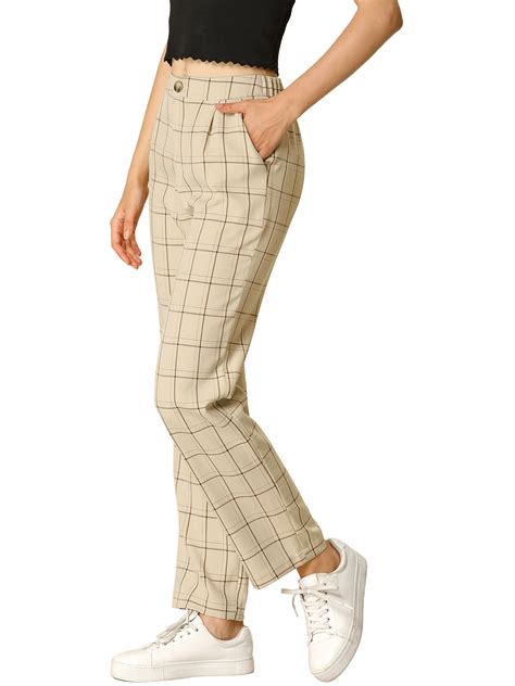 Unique Bargains Womens Plaid Trousers Pockets Straight Leg Casual Pants Xs Khaki Walmart