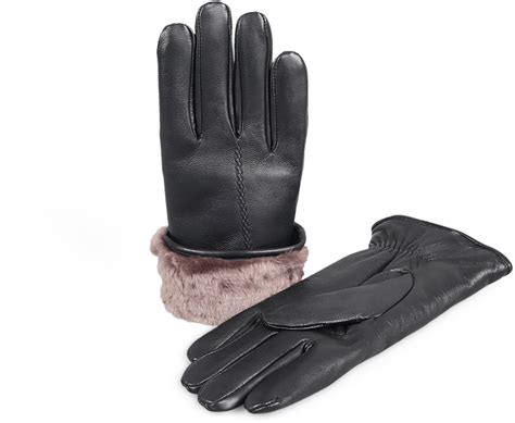 Genuine Womens Premium Shearling Sheepskin Fur Lined Leather Gloves Black
