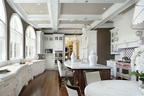 White And Brown Kitchen With Coffered Ceiling Transitional Kitchen