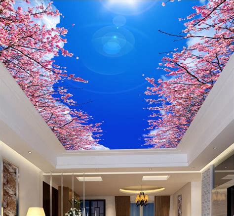 Custom Murals 3d Ceilings Beautiful Cherry Blossom Blue Sky White