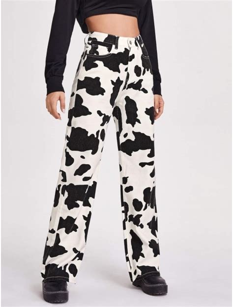 Buy Wdirara Womens Cow Print High Waist Wide Leg Jeans Casual Long Denim Pants Online Topofstyle