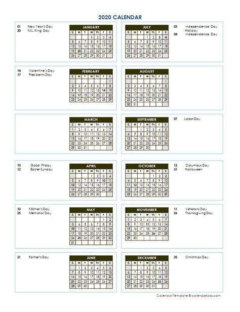 2020 Annual Calendar Vertical Template Free Printable Templates