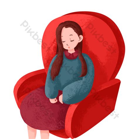 Drawing Cartoon Long Haired Beauty Sleeping On Red Sofa Original