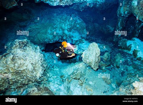 Cave Diver In Cavern Cenote Yucatan Tulum Mexico Stock Photo Alamy