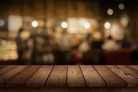 Wood Table Top For Display With Blurred Restaurant Background 1948406