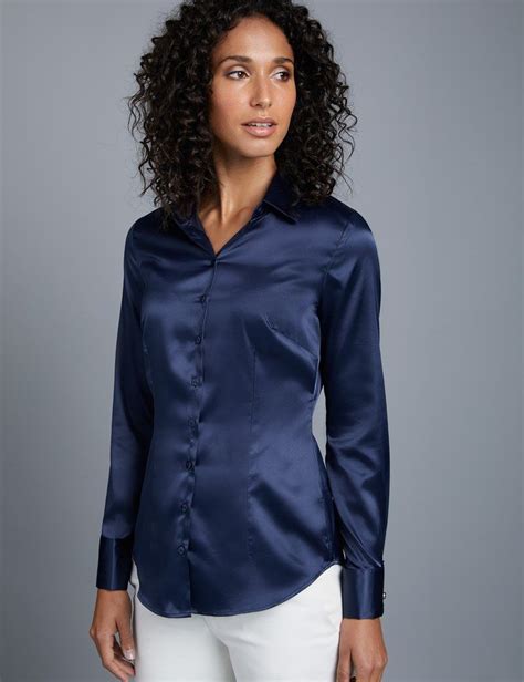 Womens Navy Fitted Satin Shirt Double Cuff Satin Shirt Blue Satin Dress Satin Shirt Dress