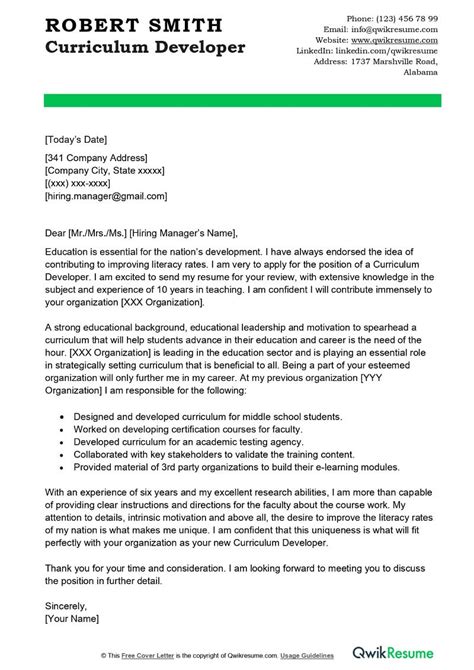Curriculum Developer Cover Letter Examples Qwikresume