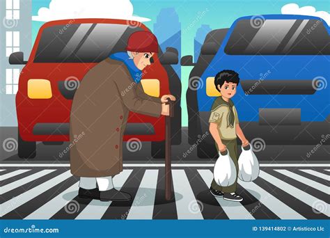 Boy Helping Old Lady Crossing Street Illustration Stock Vector
