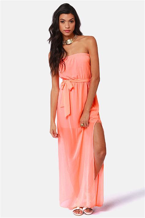 Cute Maxi Dress Neon Coral Dress Strapless Dress 4100 Lulus