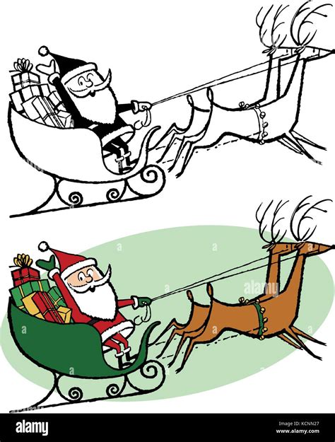 Santa Claus In His Sleigh With Flying Reindeer Delivering Presents On Christmas Eve Stock Vector