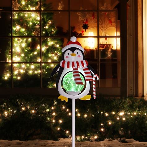 Click 84cm Penguin Solar Led Stake Light With Crackle Glass Ball