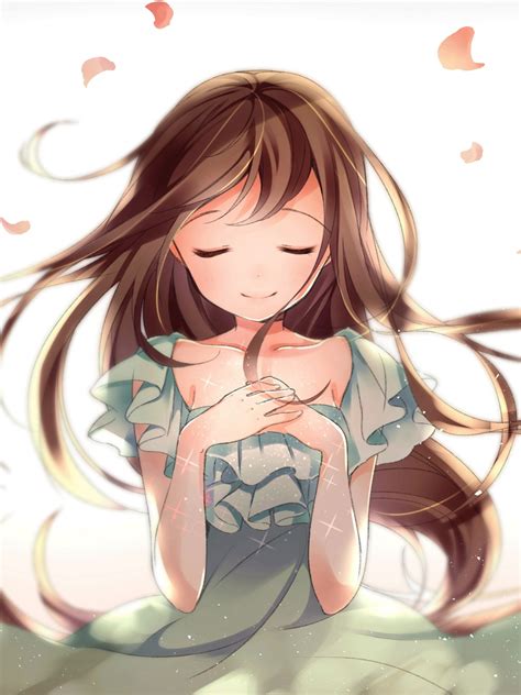 Download 1536x2048 Anime Girl Closed Eyes Flowers Brown Hair Dress