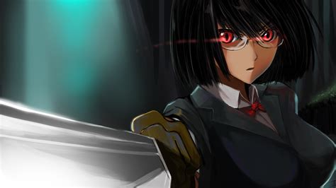 Wallpaper Anime Glasses Black Hair School Uniform Red Eyes Sword