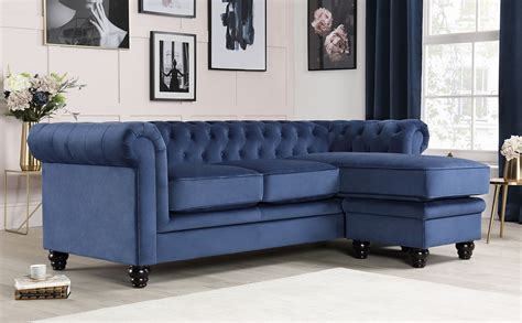 Hampton Blue Velvet L Shape Chesterfield Corner Sofa Furniture Choice