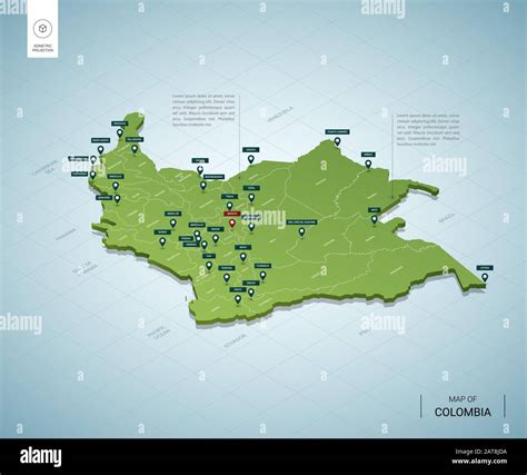 Stylized Map Of Colombia Isometric 3d Green Map With Cities Borders