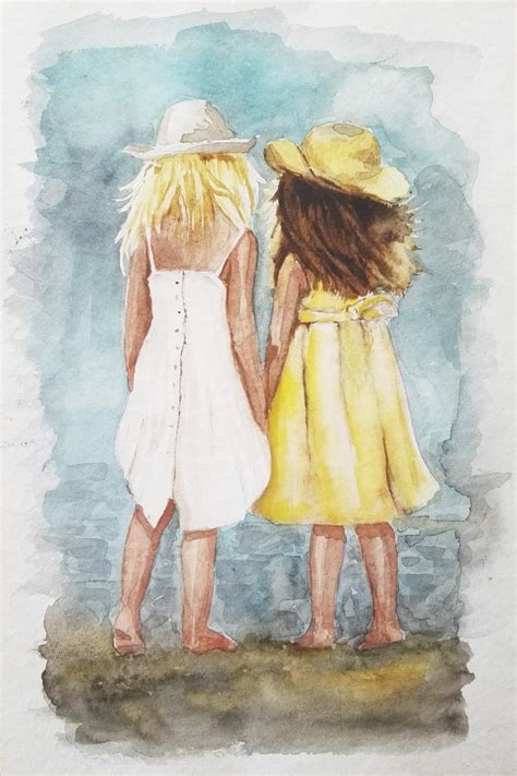 Three Sisters Or Girlfriends Holding Hands Original Watercolor Etsy