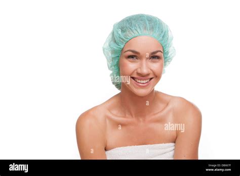 Smiling Woman In Shower Cap Stock Photo Alamy