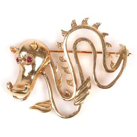 Lot Stamped 14k Yellow Gold Openwork Dragon Figural Brooch With Ruby
