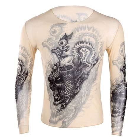 Feeshow Mens Fake Tattoo Design Elastic Long Sleeve Soft T Shirt Tattoo Mesh O Neck Tee For
