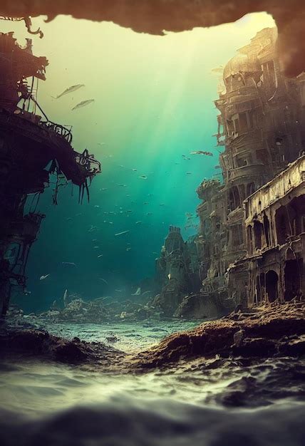 Premium Ai Image Ruined Lost City Underwater Fantasy 3d Illustration