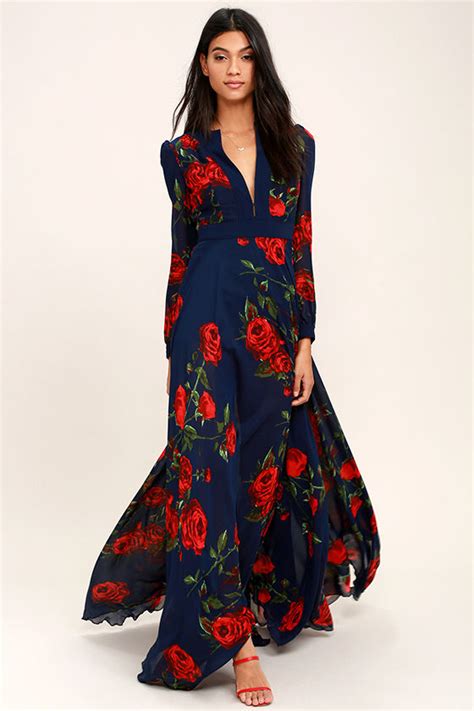Stunning Floral Print Dress Red And Navy Blue Maxi Dress Long
