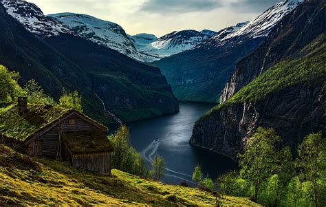 Nature Landscape Geiranger Fjord Norway Mountain Cabin Trees Morning Snowy Peak Boat