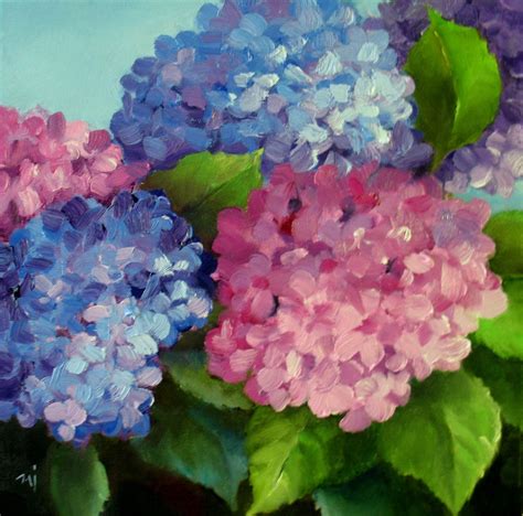 An Oil Painting Of Purple And Blue Hydrangeas